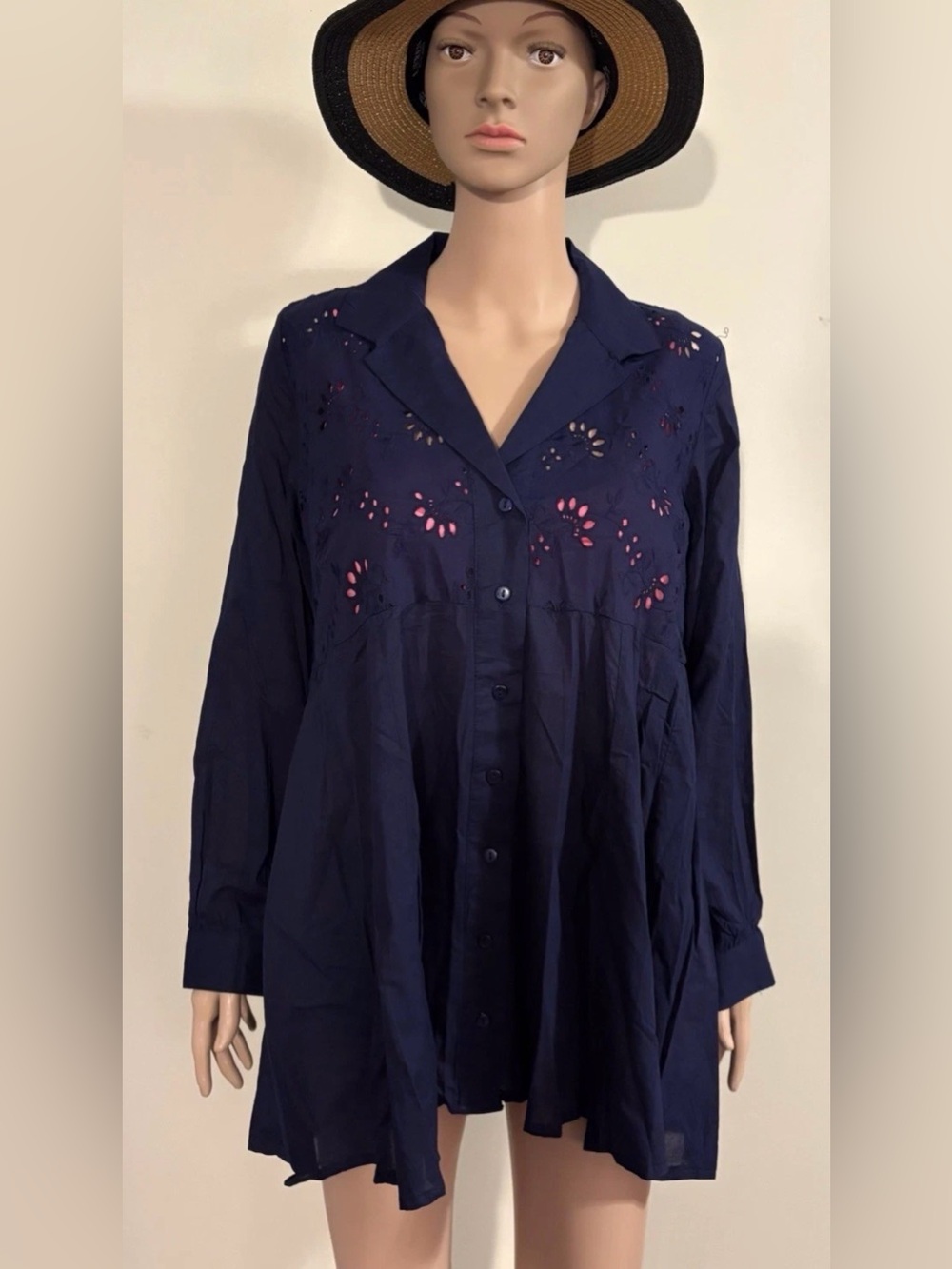 Raviya Women's Eyelet Button-Down Cover-Up, Navy, Size Medium, MSRP $54